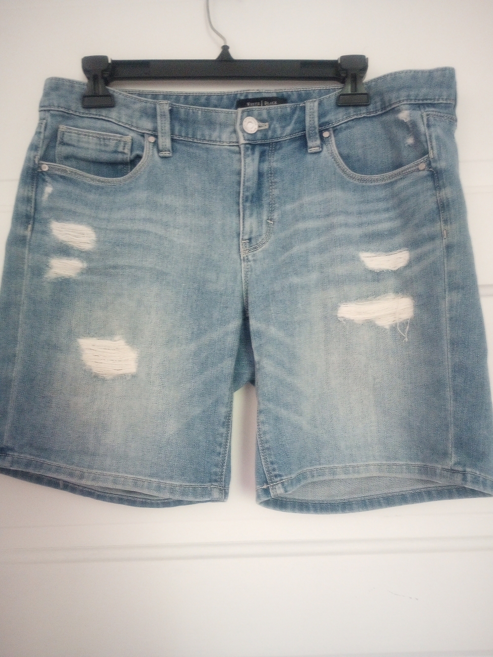Black/White Light Wash Distressed Blue Denim Shorts